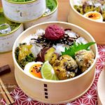 2019.08.22*『鯖缶の竜田揚げ弁当』*・鯖缶のカレー竜田揚げ・ゆで卵・セロリのきんぴら・大学芋・グレープフルーツ**@monmarche_offic&hellip;のInstagram画像