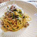 「ねこぶ味噌で、豚肉ねぎのごま味噌パスタ」の画像（1枚目）