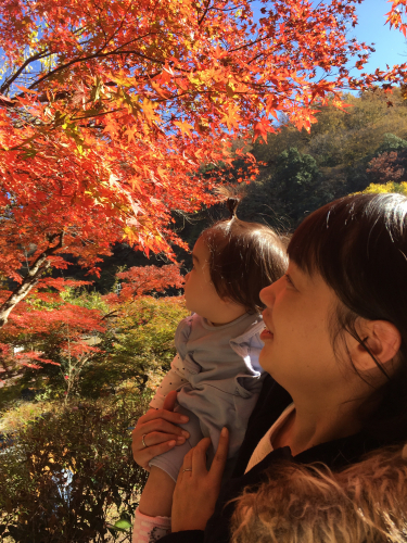 お気に入りの場所でニコニコ笑顔＆紅葉見学
