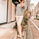 ニッセン @nissen_ladies_official  のトップスとボトムスでご近所コーデ💜 【tops】綿１００％バスクドルマンTシャツ【bottom】腰まわりすっきり！テーパードパンツ&hellip;のInstagram画像