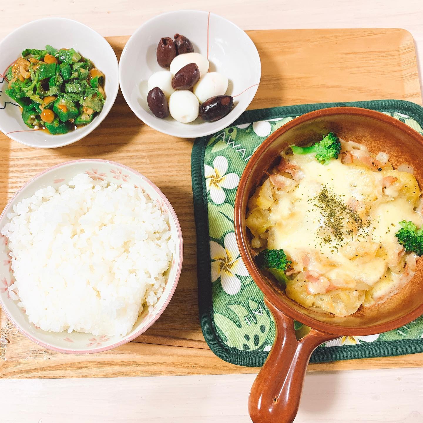 口コミ投稿：🍳🍳\ おうちごはん♡ /☆︎.｡.Menu#ポテトグラタン 風#なめこオクラのおろし和え#うずら…