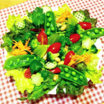 モリモリサラダ&hearts;毎日でも飽きないサラダ。緑の材料4〜5種類と葉っぱたちさっぱりドレッシングで和えて、赤い材料で彩りをプラス。お豆、オリーブ、トンプソンなどがアクセントなって&hellip;のInstagram画像