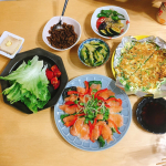 .✩⡱手作りスモークサーモンのカルパッチョ✩⡱肉味噌のレタス包み✩⡱冷奴✩⡱夏野菜の揚げ浸し✩⡱きゅうりの味噌漬け✩⡱ネギチヂミ今日は、グリーンハウスさん@gh_b&hellip;のInstagram画像