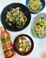 今日の夜ご飯😊🍎ナスピーマン豚肉しめじの味噌炒め🍎きゅうりもやしハムの中華あえ🍎アスパラベーコン🍎椎茸えのき玉ねぎ白菜お豆腐の海老味噌汁🦐マルサン様から頂いたえびみそデビュー💕&hellip;のInstagram画像