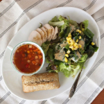 ある日のランチ。ライ麦入りパンガスパチョ鶏ハム（クックパッドMYレシピID : 6613810 ）＋スパイスソルト（#スパイス21　）レタスサラダ＋わかめ・コーン＋胡麻ドレ&hellip;のInstagram画像