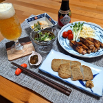 .ある日のぱぱっとおうち呑み#鶏手羽中のスパイシー醤油焼き#自家製染み豆腐の煮物#もずく酢#じゃこ天#自家製Qちゃん漬け#ビール手羽中は #正田醤油 様からご提供いただいた #スパ&hellip;のInstagram画像