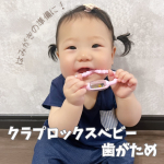 .「歯磨き」の練習になる歯がため🦷！クラプロックスさんの見た目もかわいい歯がためをあおちゃんにプレゼント〜🎁もうすぐ8ヶ月になるんやけどまだ歯茎はとぅるとぅる〜♡なんでもかみかみして&hellip;のInstagram画像