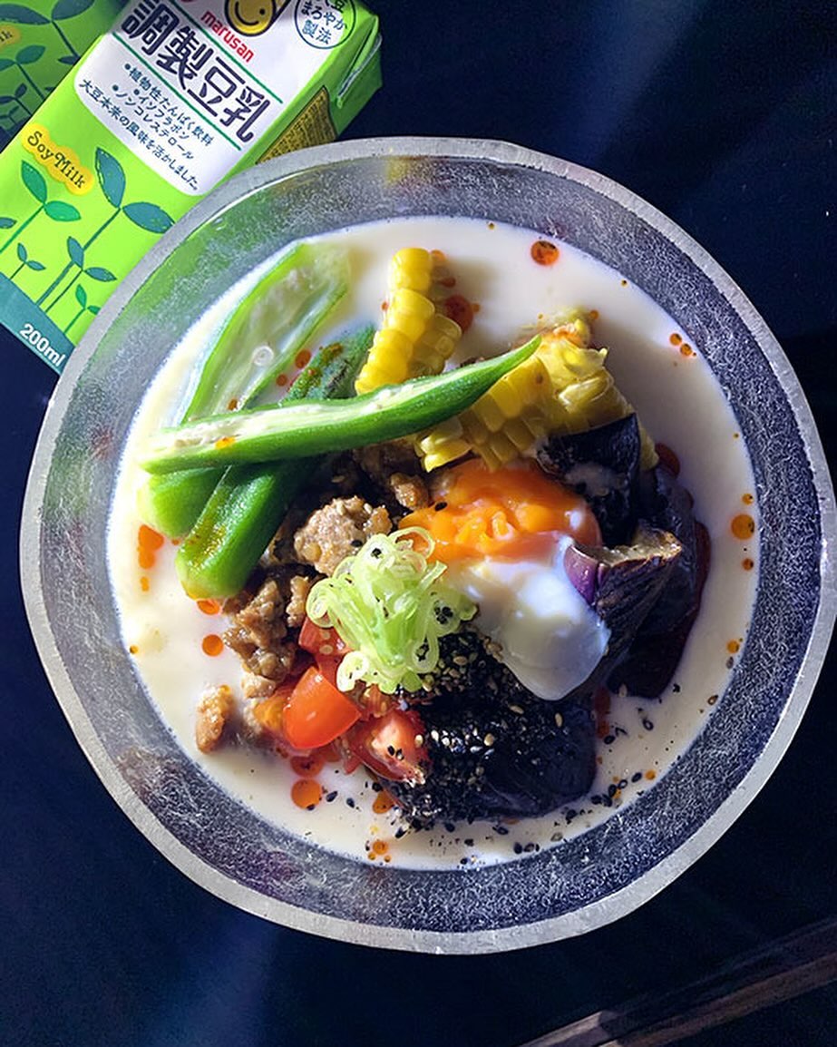 口コミ投稿：.マルサンさまの調整豆乳で冷やし豆乳担々うどん❣️肉味噌（豚コマ、🧄、醤油麹、甘麹…