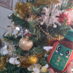 松寿仙のゆるキャラの松ちゃん（しょうちゃん）とおうちのクリスマスツリーでぬい撮り🎶実家のクリスマスツリーを飾りつけしました🎄松寿の宝湯は、森林浴気分が味わえちゃいます。深い緑色も素敵✨&hellip;のInstagram画像