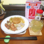 本日(20260308)のChuShock!😱　昨日の残りで、　「梅こんぶ茶ダイコン煮パスタ」🐓🍝　　お飲み物は、「甲類焼酎梅こんぶ茶割り（ホット）」(^〇^)□&sim;　　大根が、酔い&hellip;のInstagram画像