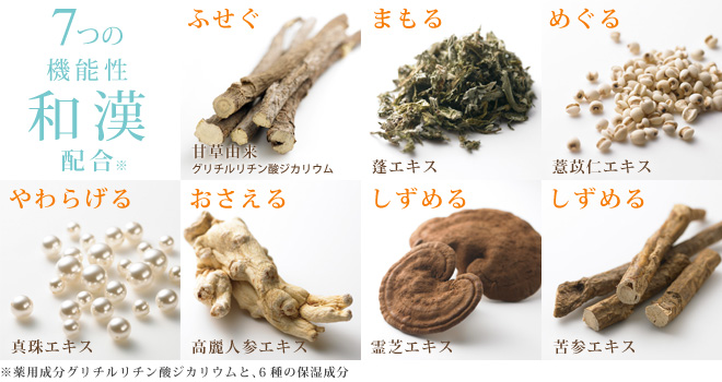 7つの機能性和漢配合。甘草由来、蓬エキス、ヨクイニンエキス、真珠エキス、高麗人参エキス、霊芝エキス、苦参エキス