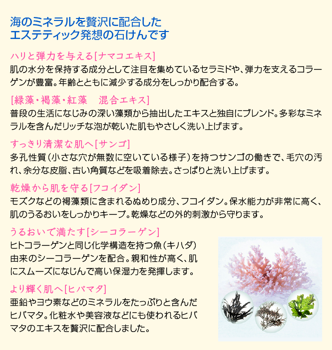 海のミネラルを贅沢に配合したエステティック発想の石けんです