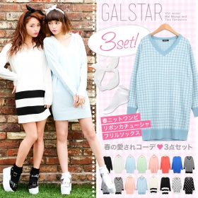 愛され春コーデ3点SET♪ニットワンピース&times;リボンカチューシャ&times;レースソックスの商品画像