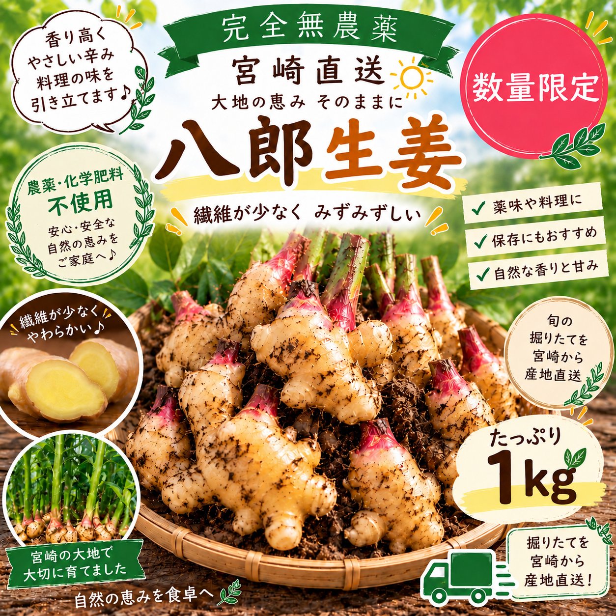 繊維が少なく肉厚】希少品種 八郎生姜 1kg｜農薬・化学肥料・除草剤不