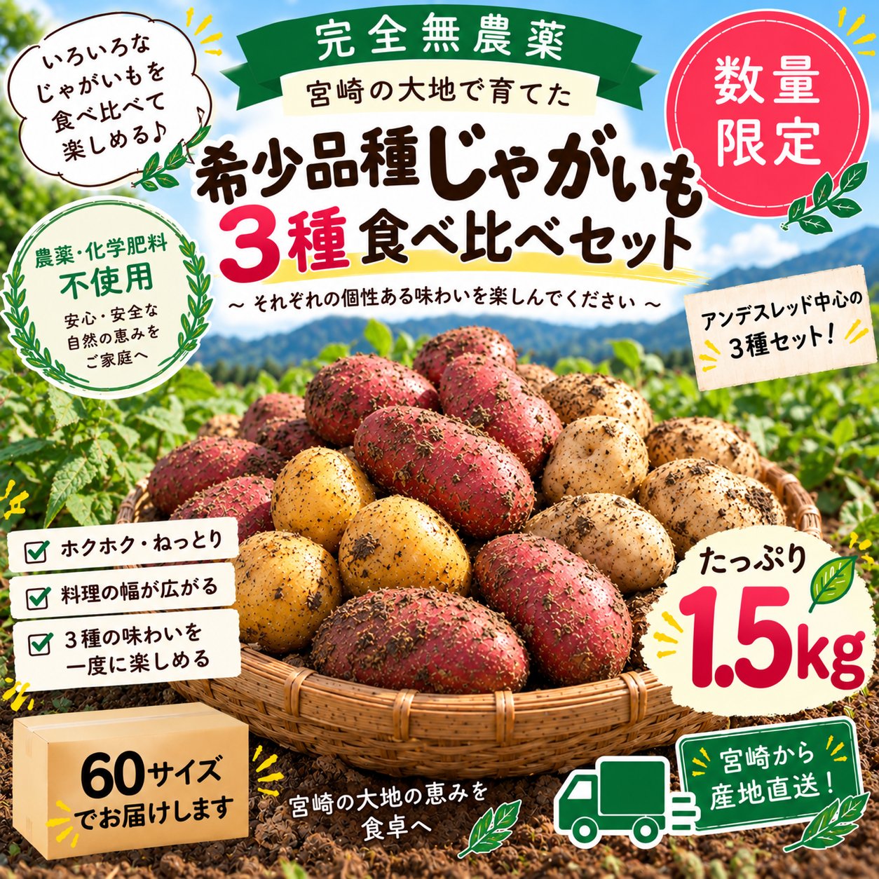 農薬不使用】アンデスレッド中心 じゃがいも3種食べ比べセット 1.5kg