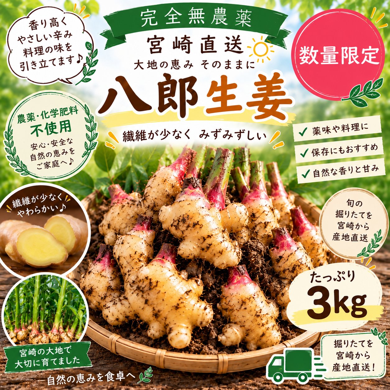 繊維が少なく肉厚】希少品種 八郎生姜 3kg｜農薬・化学肥料・除草剤不