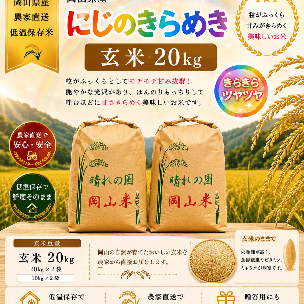 令和8年産 岡山県産 にじのきらめき 20kg 玄米 ｜ 米・穀物/玄米 産直