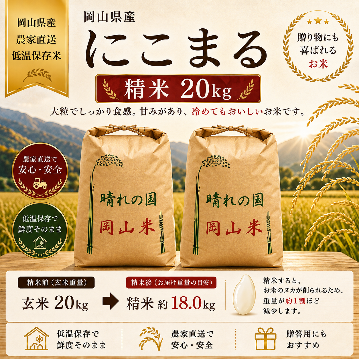 しらたま精米20kg 2026年 岡山県産 ニコマル 20kg 精米（精米後、20kg⇒18.0kg程度となり
