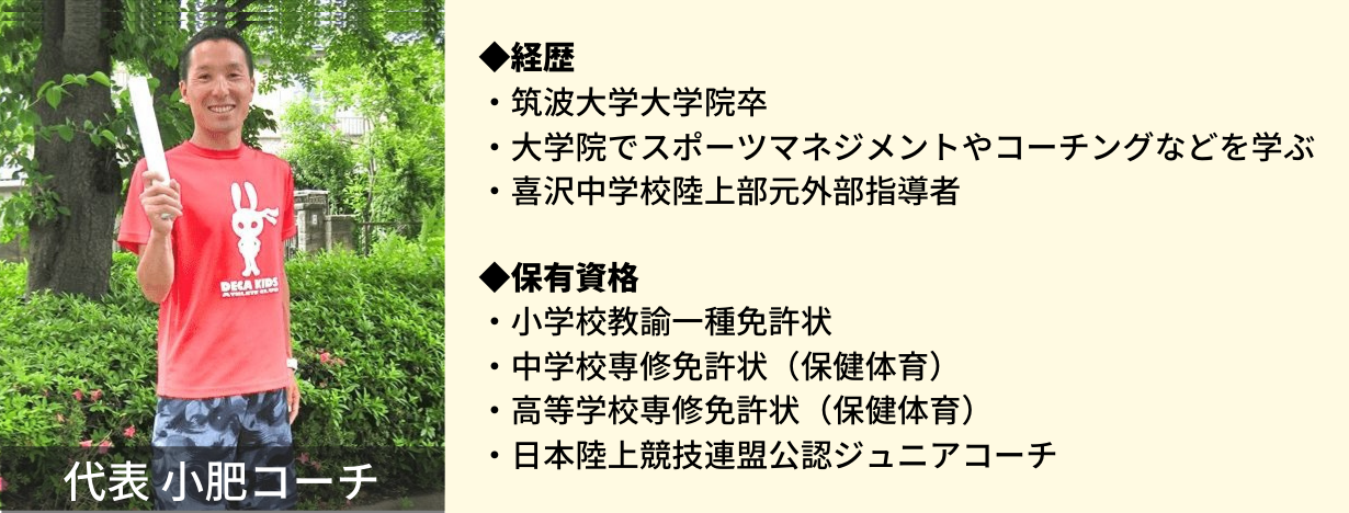 ◆経歴・筑波大学大学院卒・大学院でスポーツマネジメントやコーチングなどを学ぶ。・喜沢中学校陸上部元外部指導者◆保有資格小学校教諭一種免許状・中学校専修免許状(保健体育)・・高等学校専修免許状(保健体育)・日本陸上競技連盟公認ジュニアコーチ