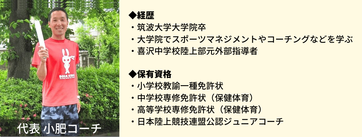 ◆経歴・筑波大学大学院卒・大学院でスポーツマネジメントやコーチングなどを学ぶ。・喜沢中学校陸上部元外部指導者◆保有資格小学校教諭一種免許状・中学校専修免許状（保健体育）・・高等学校専修免許状（保健体育）・日本陸上競技連盟公認ジュニアコーチ