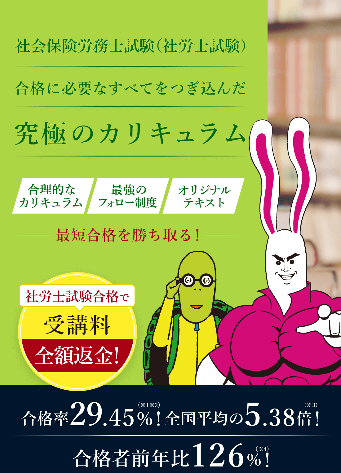 社会保険労務士試験(社労士試験)合格に必要なすべてをつぎ込んだ究極のカリキュラム。合理的なカリキュラム、最強のフォロー制度、オリジナルテキストで最短合格を勝ち取る。合格率29.45%!全国平均の5.38倍!前年比126%!!