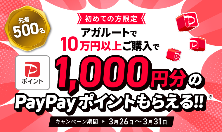 先着500名 初めての方限定 アガルートで10万円以上ご購入で1000円分のPayPayポイントもらえる!キャンペーン期間3月26日~3月31日