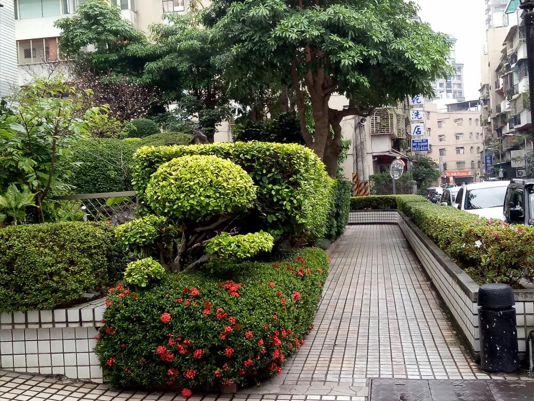 這張照片是展示了一條鋪滿白色瓷磚的道路,被修剪整齊的灌木叢和花卉所包圍,呈現出一個寧靜而雅緻的環境。道路通往一排建築物,周圍有茂盛的樹木和綠色植被,增添了一絲自然美感。