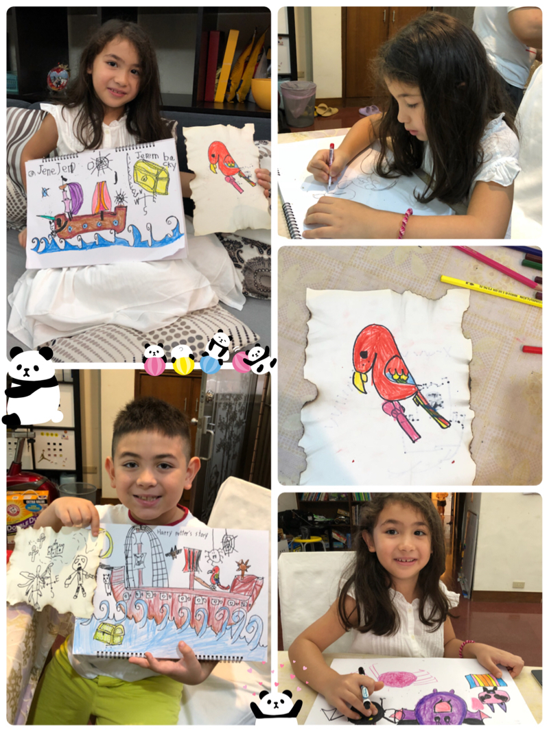 洪嘉蓮 - 繪畫主題是海盜的藏寶圖。小朋友們建造一艘獨一無二的海盜船，跟著繪本主角一起航海冒險。當然少不了可愛的鸚鵡做夥伴，為我們探測前方未知的島嶼和敵人。