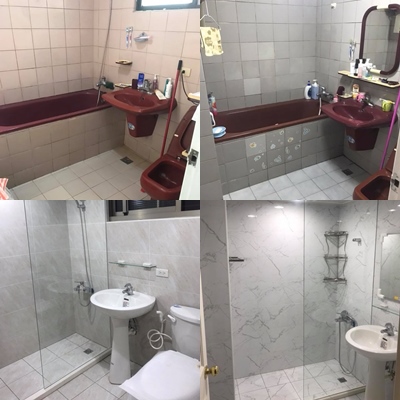 國泰裝潢工程公司 - 上圖:裝修前浴室*2間
下圖:裝修後浴室*2間
**原浴缸拆除改為乾濕分離**
**洗手台/馬桶整組更換**
**牆面/地面磁磚更換**