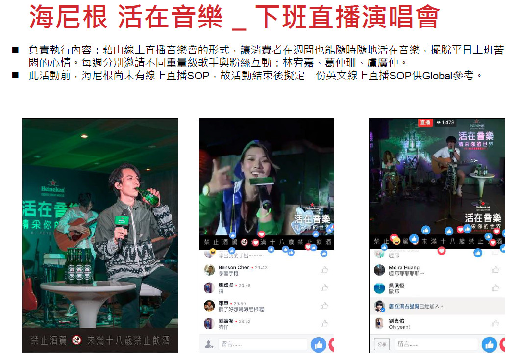 小謀 - 藉由線上直播音樂會的形式，讓消費者在週間也能隨時隨地活在音樂，擺脫平日上班苦悶的心情。每週分別邀請不同重量級歌手與粉絲互動。
此活動前，品牌尚未有線上直播SOP，故活動結束後擬定一份英文線上直播SOP供Global參考。