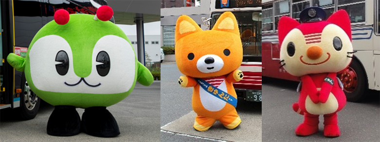 左から「みんくる」「きゅんた」「かんにゃん。」/バスまつり2025 in大井競馬場(東京都/品川区)