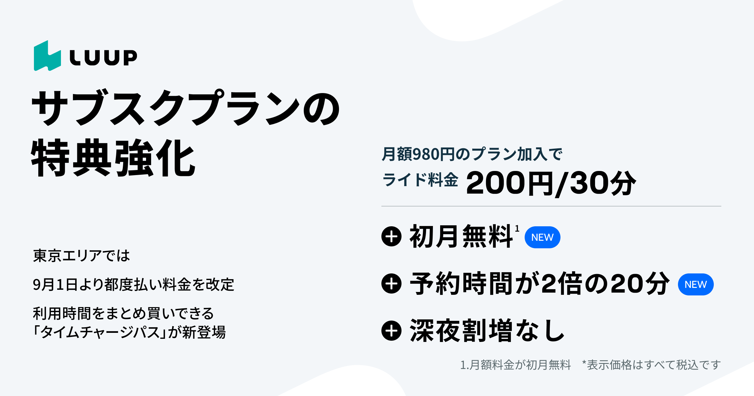 サブスクプランの特典強化（初月無料・予約時間2倍）と東京エリアの