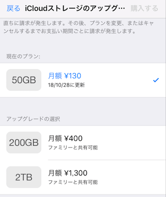 iCloudストレージのアップグレード