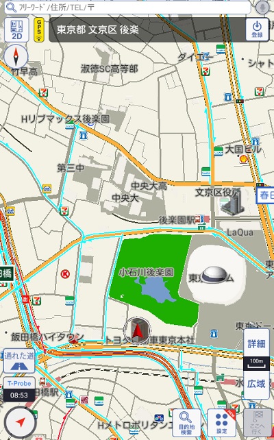 TCスマホナビの地図表示。画面上部の検索フォームから目的地を検索
