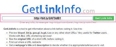 画面上部の入力フォームに短縮URLを貼り付けたら、右側の「Get Link Info」ボタンをクリック