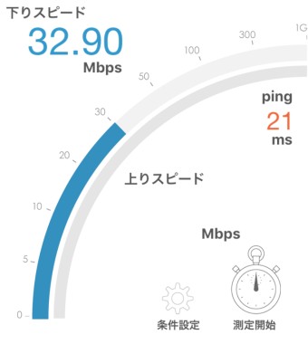 青色のバーが下り(ダウンロード)の速さを測定し、測定が終わると緑色のバーで上がり(アップロード)の速さを測定