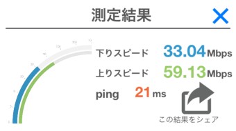 測定が終わると「測定結果」が表示され下り(ダウンロード)のスピード、上がり(アップロード)のスピード、pingの結果が表示