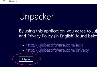 Unpackerを起動し「I Agree（規約に同意します）」のボタンをクリック