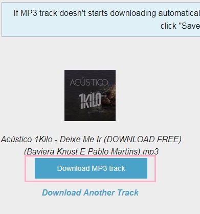 音楽アルバムの画像と「Download MP3 track」と書かれた青いボタンが表示されるので、右クリックしてメニューの「名前を付けてリンク先を保存」