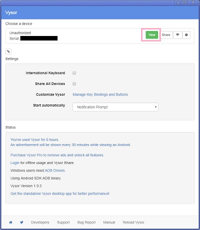 Vysorの起動ウィンドウ