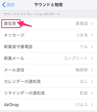 個別のバイブレーション設定の中から、着信音をタップ