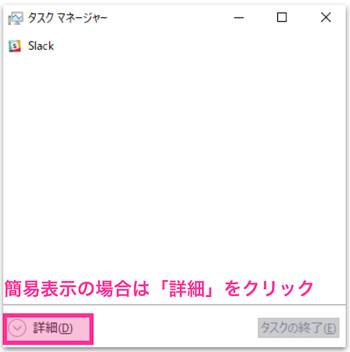 簡易表示されているタスクマネージャー