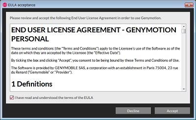 Genymotionを起動すると、最初に使用タイプを尋ねられるので「Personal USE」を選択
