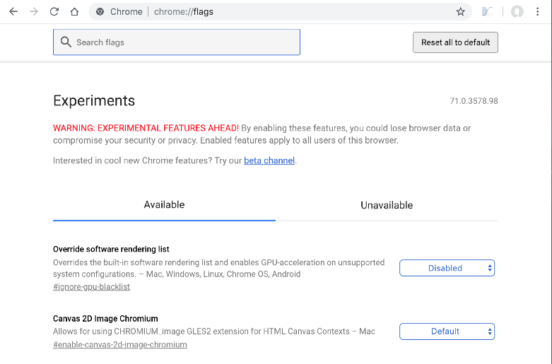 chrome://flagsの設定ページ