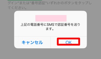 「上記の電話番号にSMSで認証番号を送ります。」というメッセージが表示されるので「OK」をタップ