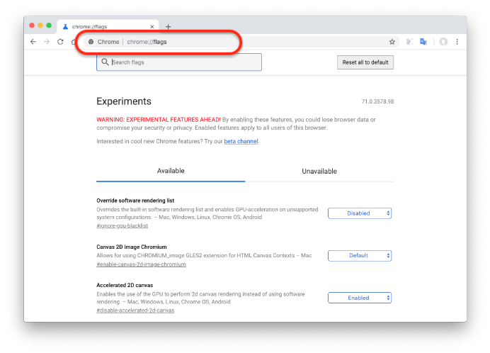 chrome://flagsの画面