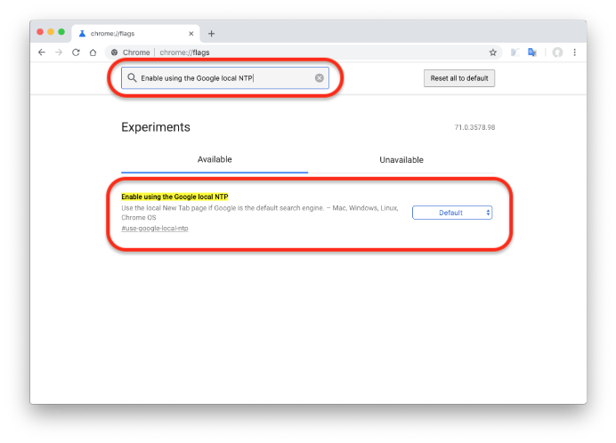 検索窓に「Enable using the Google local NTP」を打ち込んで検索