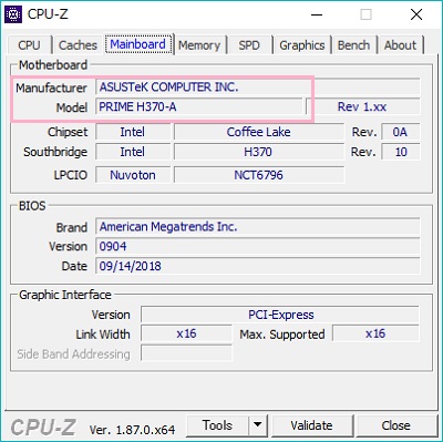 Mainboardタブに移動すると、マザボの情報が表示
