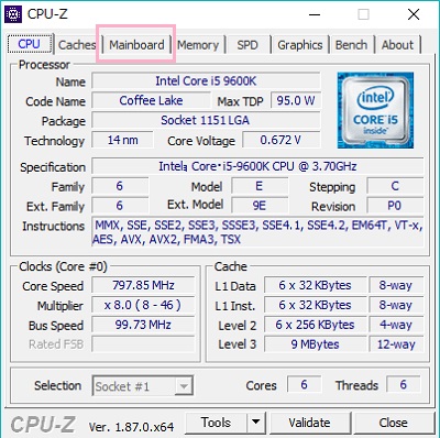 CPU-Zの画面上部のタブの「Mainboard」
