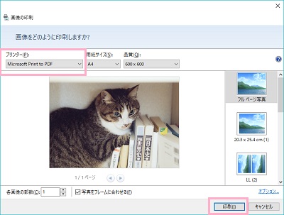 プリンターの項目で「Microsoft Print to PDF」を選択